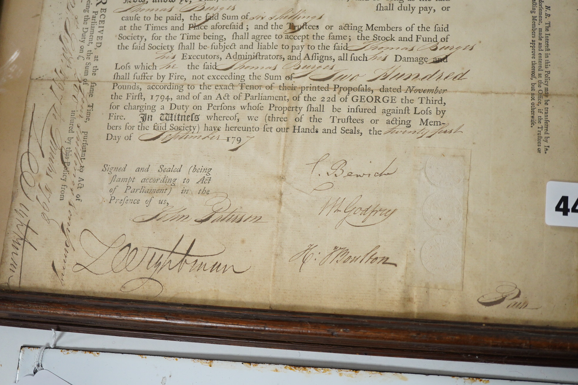 Sun Fire Office Insurance policy dated 1797, for Thomas Burges of Banbury